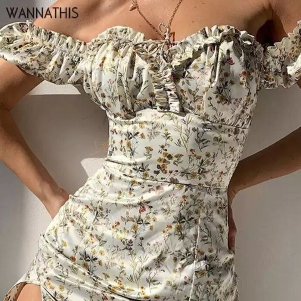 Summer Floral Off Shoulder Puff Sleeve Maxi Dress Woman Sexy Up Side Split - Picture 4 of 6